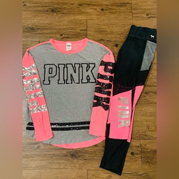 PINK VS COLORBLOCK NEON BLING TSHIRT/ YOGA LEGGINGS OUTFIT LARGE - Picture 1 of 12